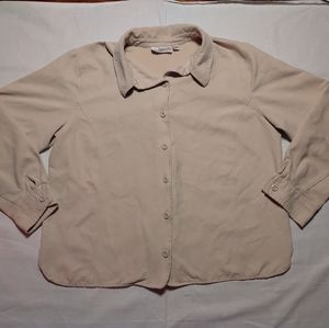 Studio Works Shirt Women's Large Tan Long Sleeve Button Down V-Neck Collared Top